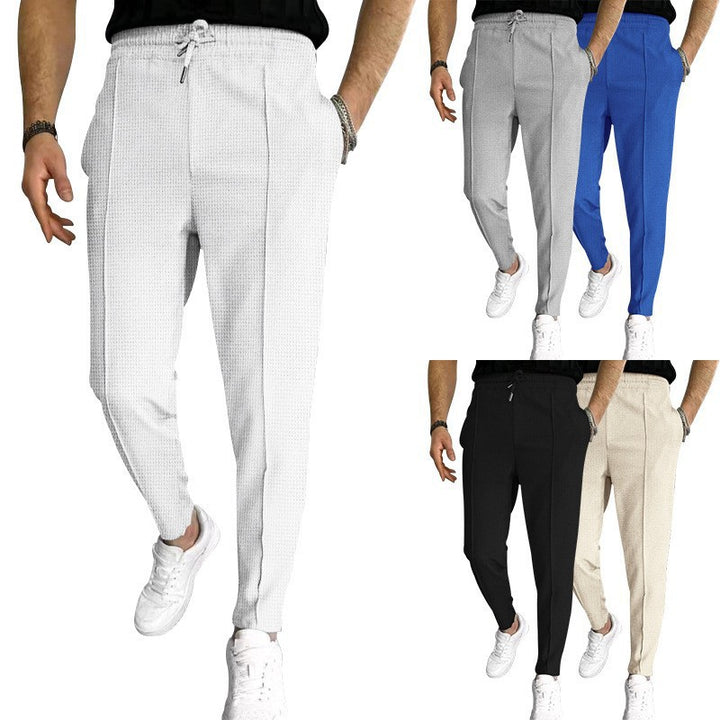 Men's stylish high-waisted pants with elastic drawstring and textured design Lisslune