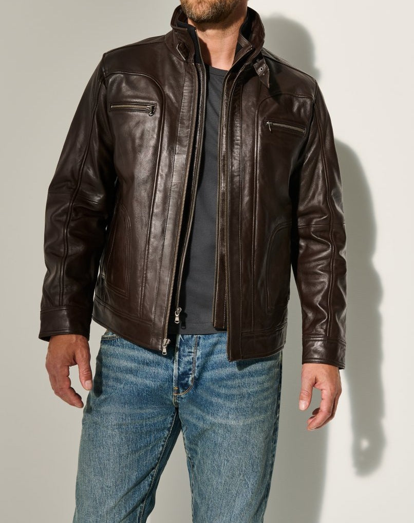 Men's casual leather jacket with modern stand-up collar and versatile pockets Lisslune