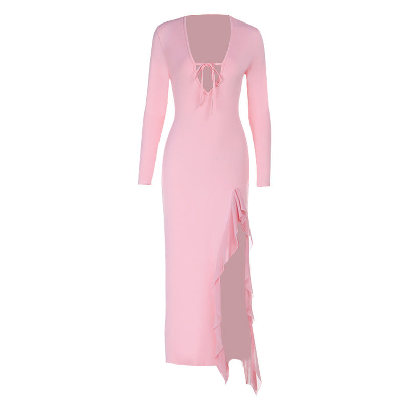 Women's Long Sleeve Maxi Dress with Deep V-Neck and Playful Slit Lune London