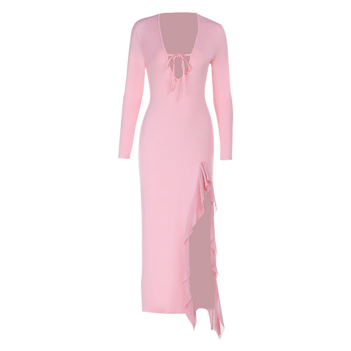 Women's Long Sleeve Maxi Dress with Deep V-Neck and Playful Slit Lune London