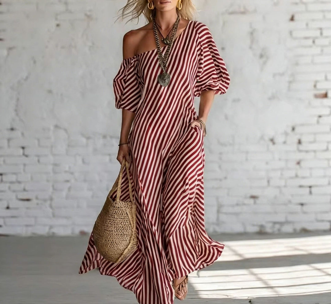 Women's maxi dress with asymmetrical cut and striking stripes Lisslune