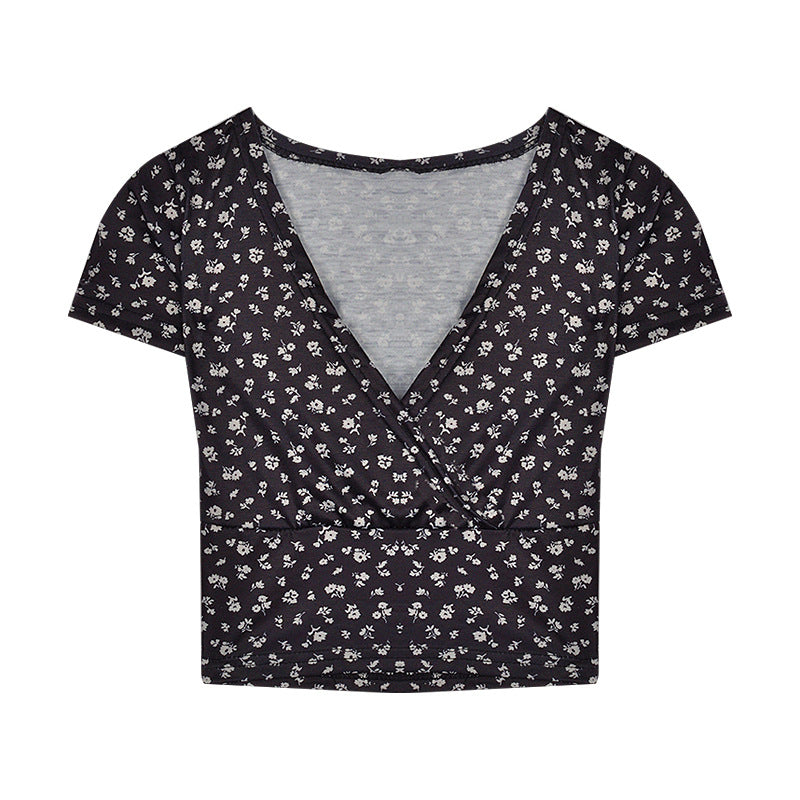 Women's crop top with floral pattern and elegant V-neck