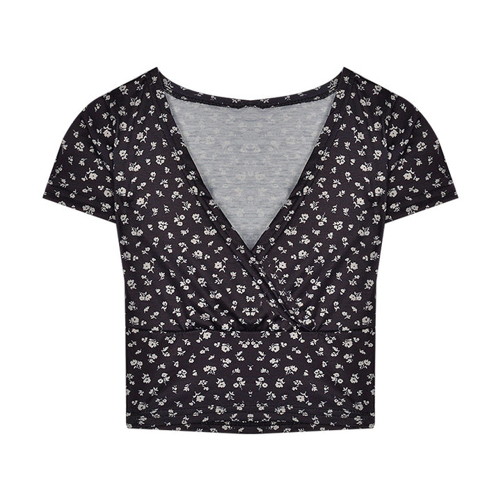 Women's crop top with floral pattern and elegant V-neck