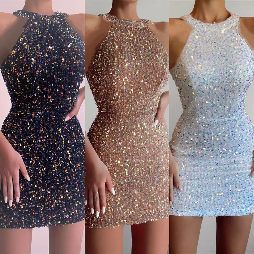 Ladies Glittering Mini Dress with Half Neckline and Bodycon Fit