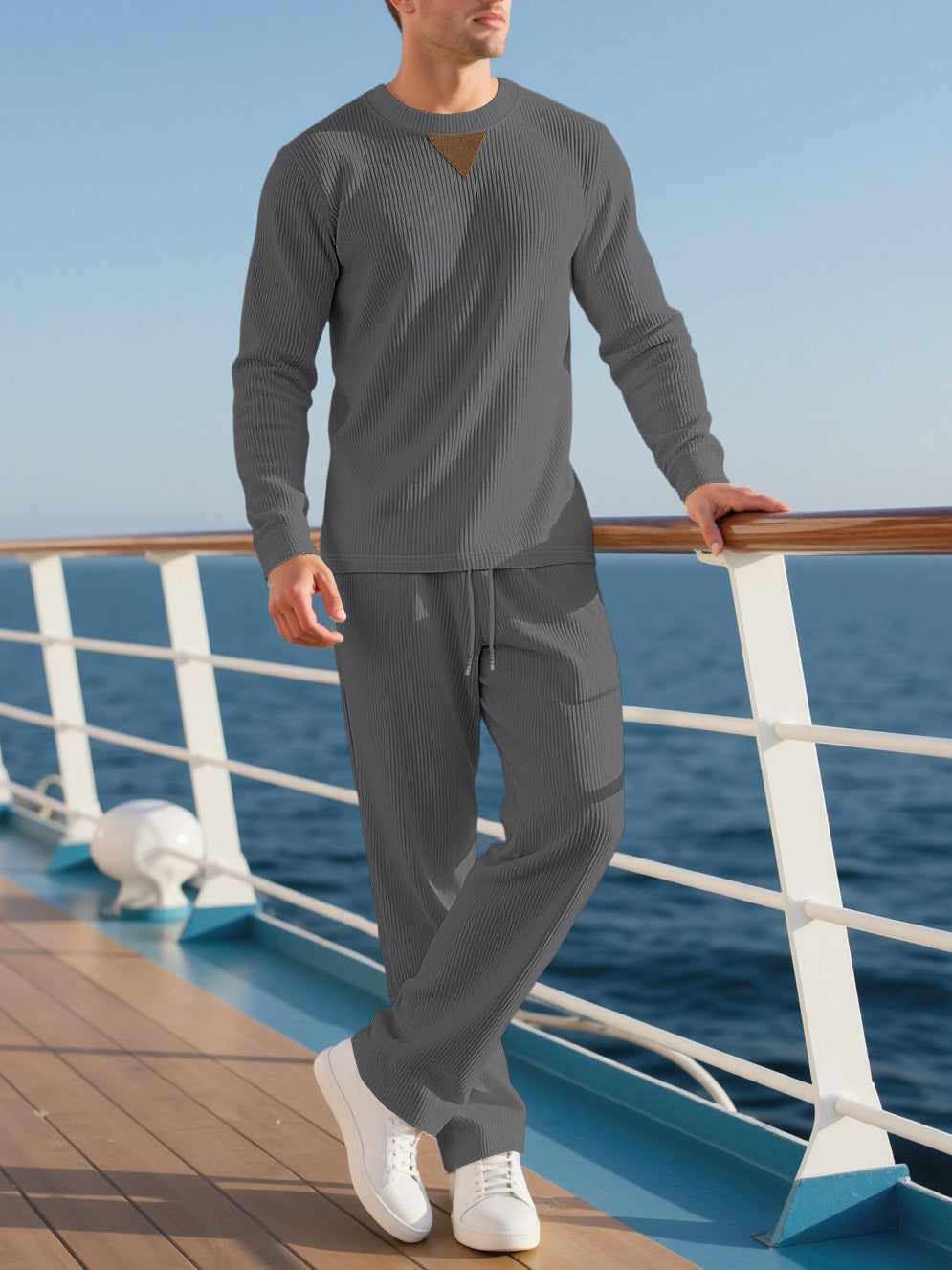 Men's casual long-sleeve set with textured fabric and fashionable accents Lisslune