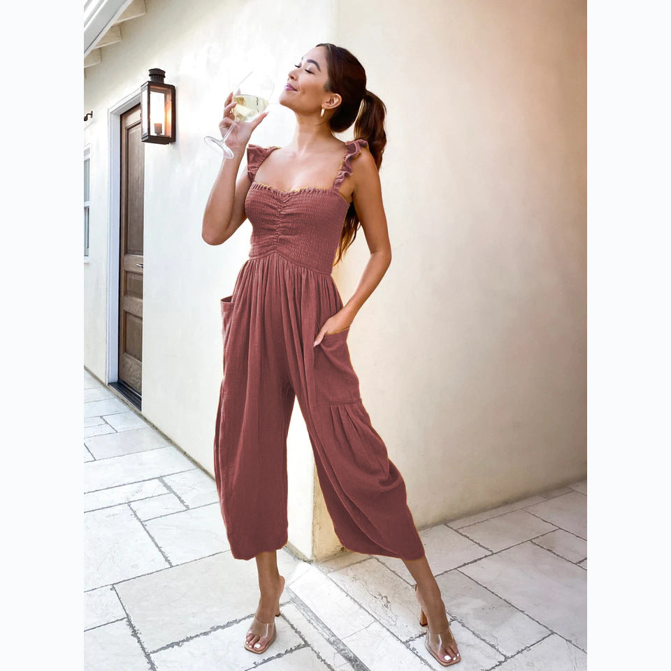 Ladies Casual Jumpsuit with Frilled Straps and Practical Pockets