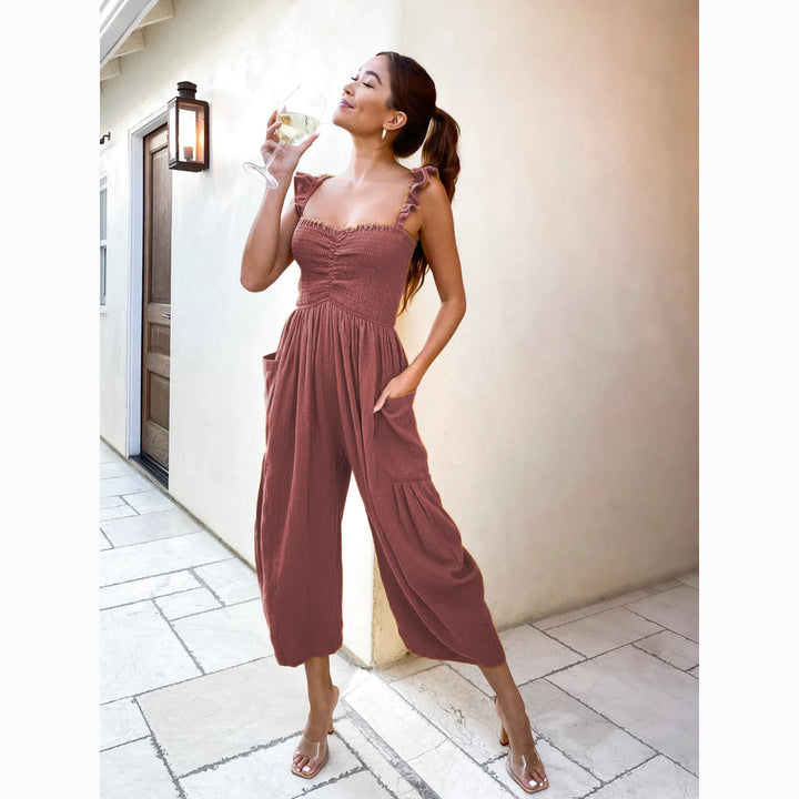 Ladies Casual Jumpsuit with Frilled Straps and Practical Pockets