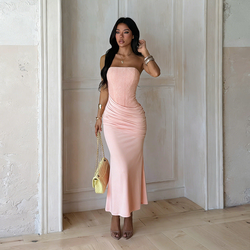 Women Elegant Long Evening Dress with Figure-Flattering Ruffle Design and Shimmering Sequins