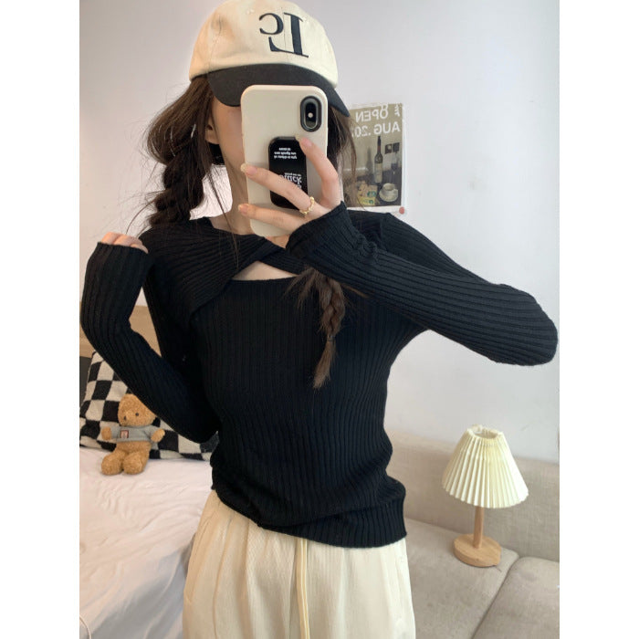 Women's long sleeve shirt with open shoulder area and rib knit pattern Lisslune