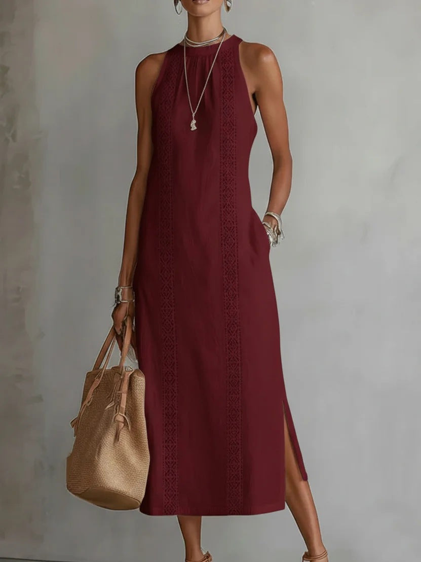 Damen Elegantes Sommer-Maxi-Kleid mit Spitzenapplikation und seitlichem Schlitz Lisslune