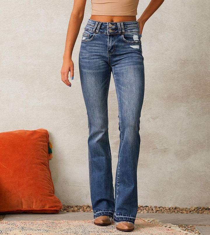Women's Flared Jeans with High Waist and Fashionable Destroyed Effect Lisslune