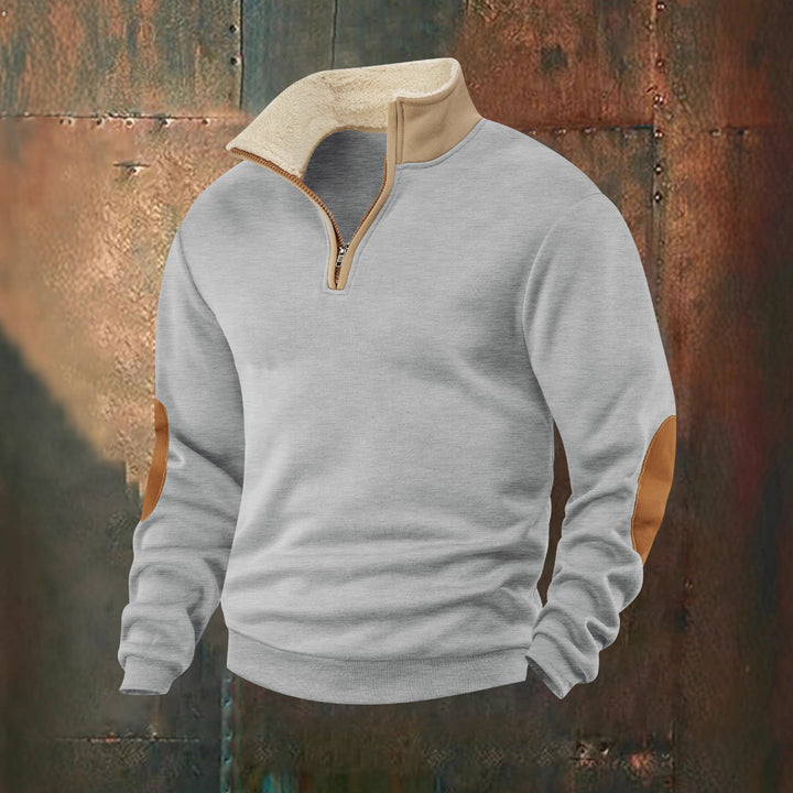 Men's fleece pullover with high collar and fashionable leather appliqués Lisslune
