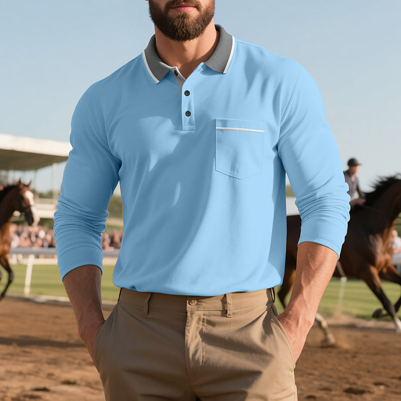 Men's Long Sleeve Polo Shirt with Textured Design and Fashionable Chest Pocket Lisslune