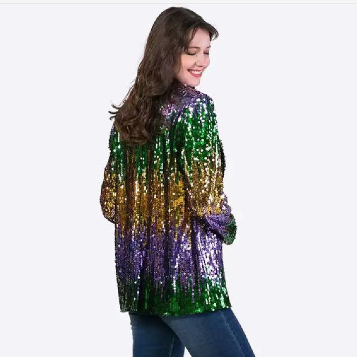Women's Glittering Sequin Jacket with Open Cut and Long Sleeve Lisslune