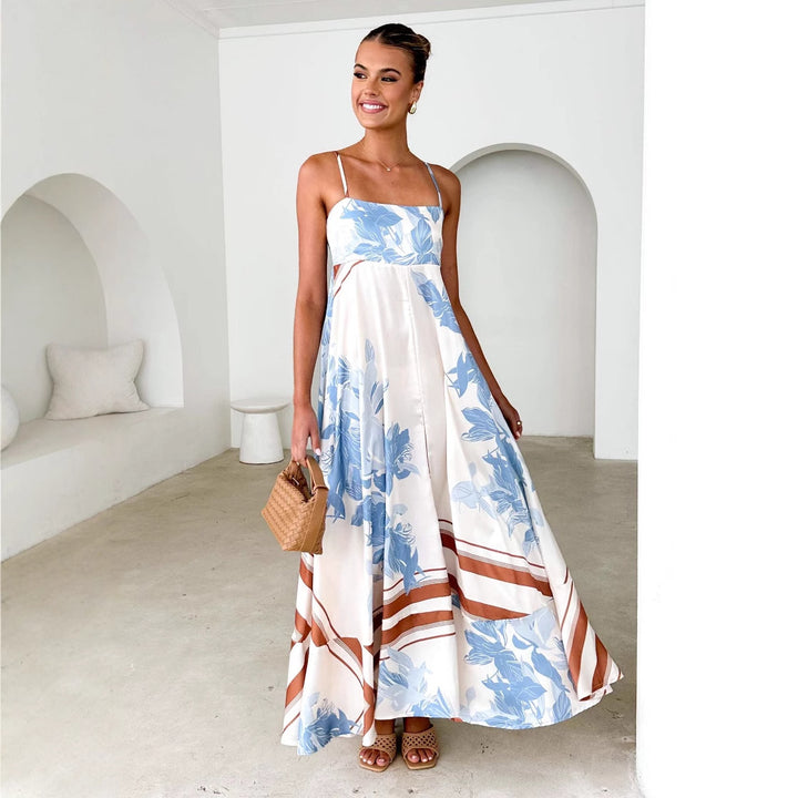 Women's maxi dress with playful floral design and cut-out details