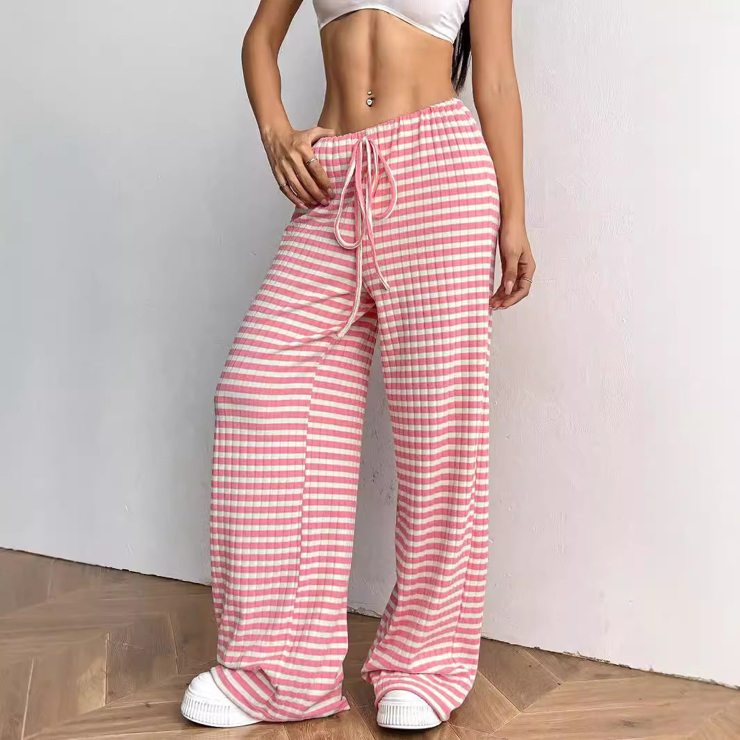 Women’s Casual Wide-Cut Striped Trousers with Elastic Waist Lisslune