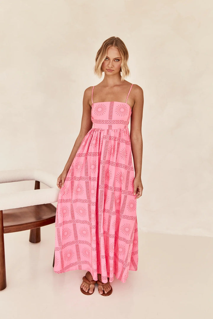 Women's maxi dress with smocked top and playful graphic design Lune London