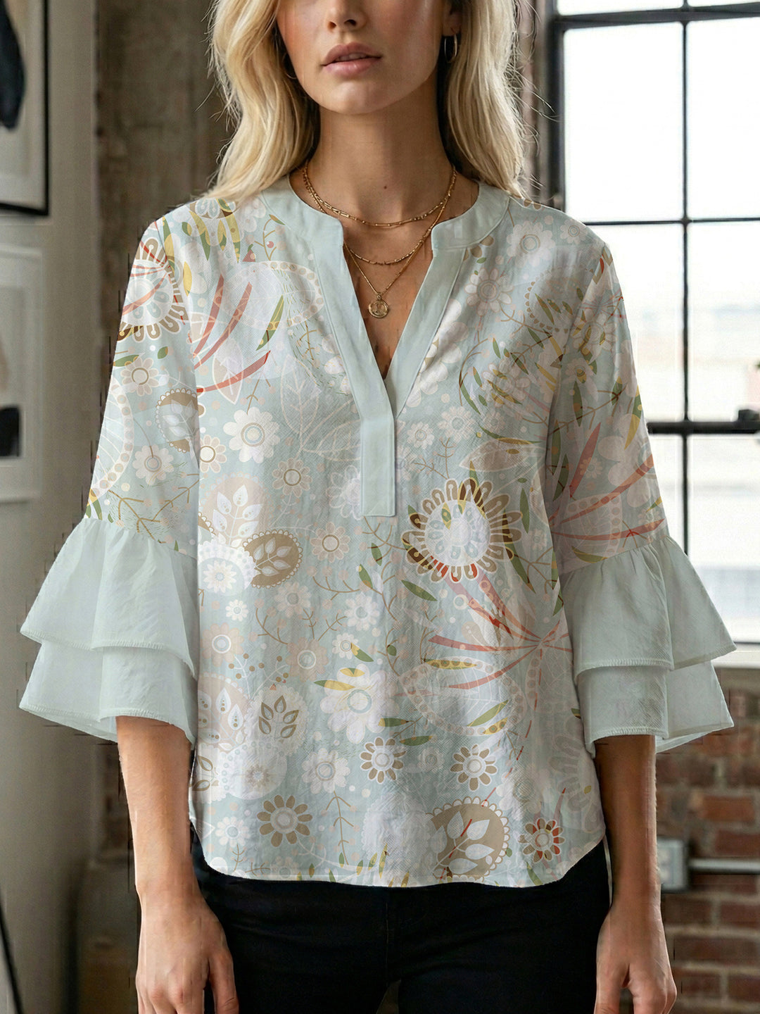 Women's blouse shirt with voluminous sleeves and floral pattern Lisslune