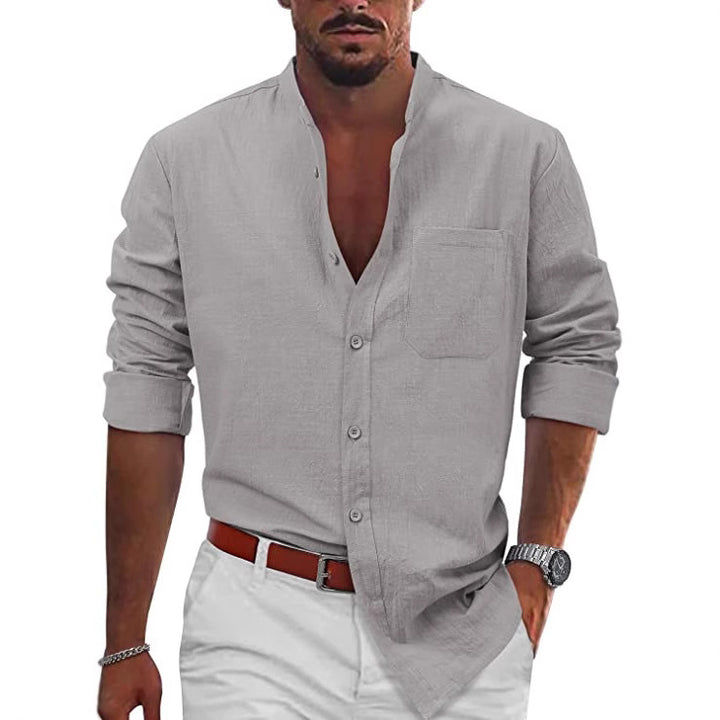 Men's casual linen shirt with classic V-neck and chest pocket Lisslune