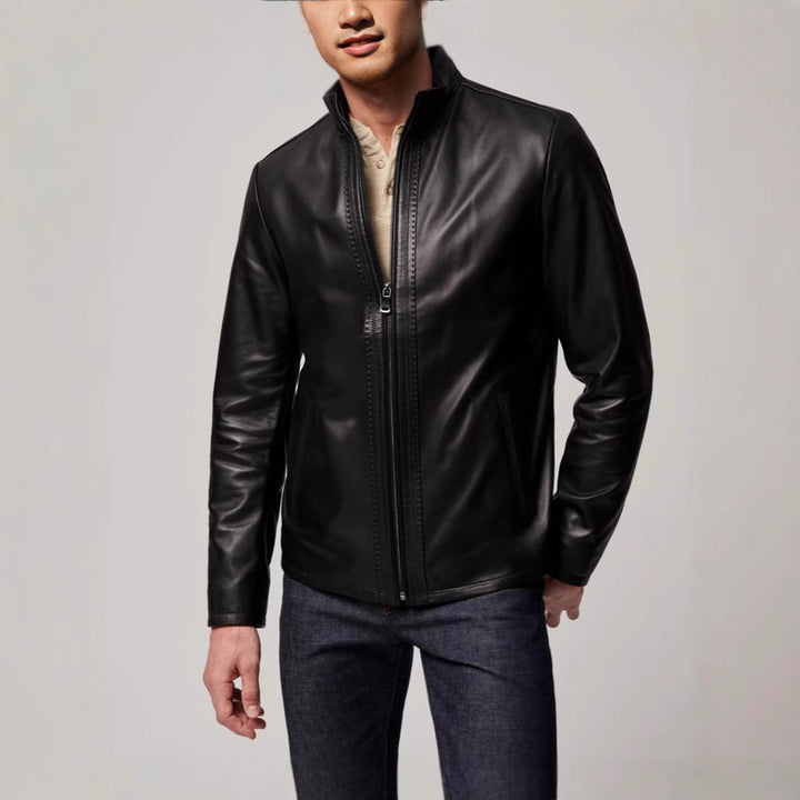 Men's elegant leather jacket with high collar and subtle details Lisslune