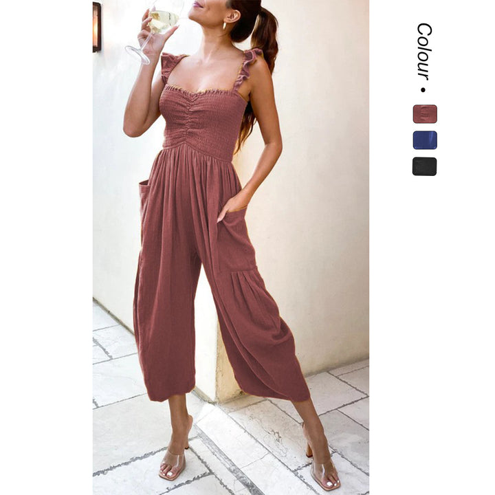 Ladies Casual Jumpsuit with Frilled Straps and Practical Pockets