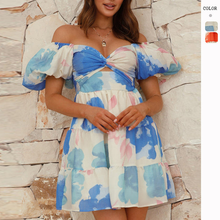 Women's Summer Mini Dress in Floral Design with Puff Sleeves and Knotted Neckline