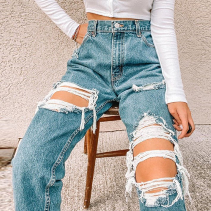 Damen Vintage High-Waist Destroyed Jeans mit fransigen Details Lisslune