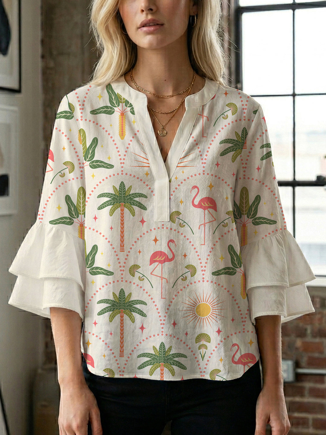 Ladies blouse with voluminous ruffled sleeves and floral print Lisslune