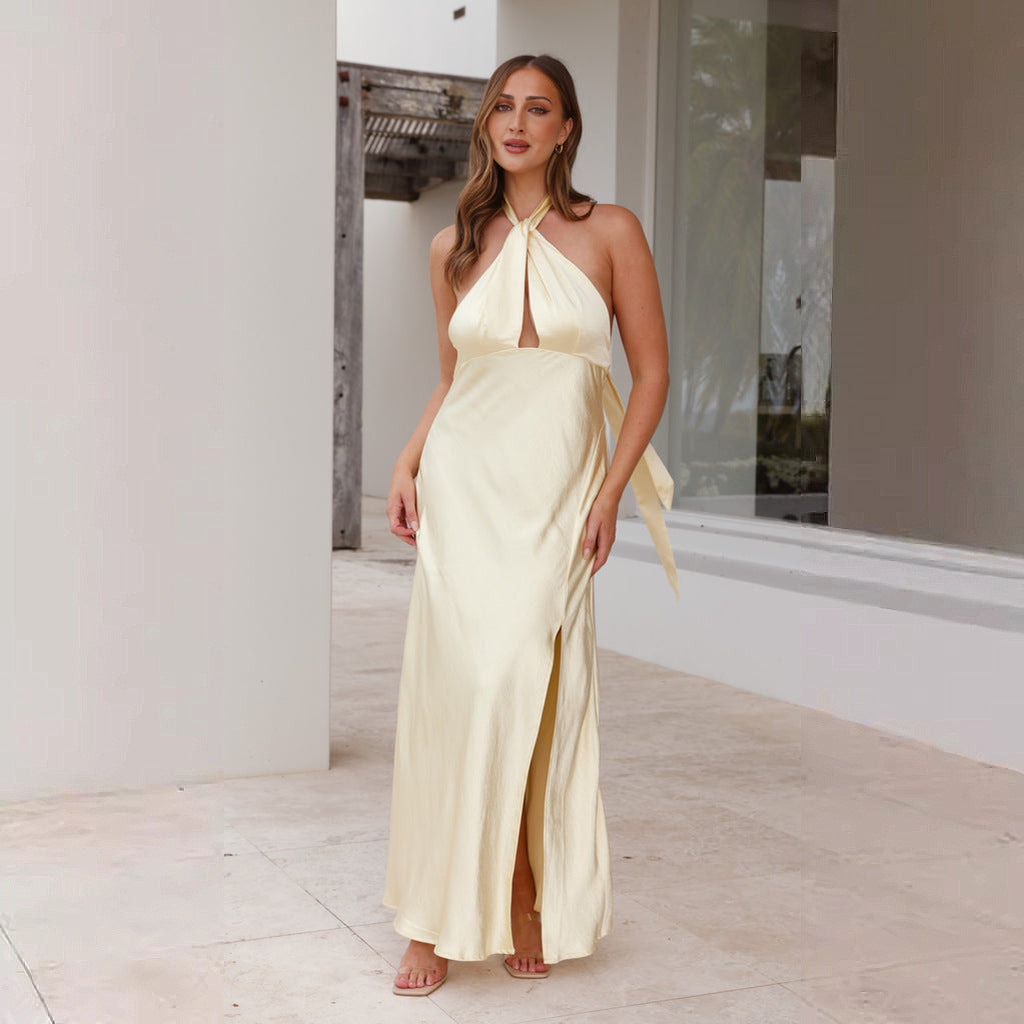 Women's Elegant Wrap Maxi Dress in Halterneck Style with Side Slit and Waist Belt