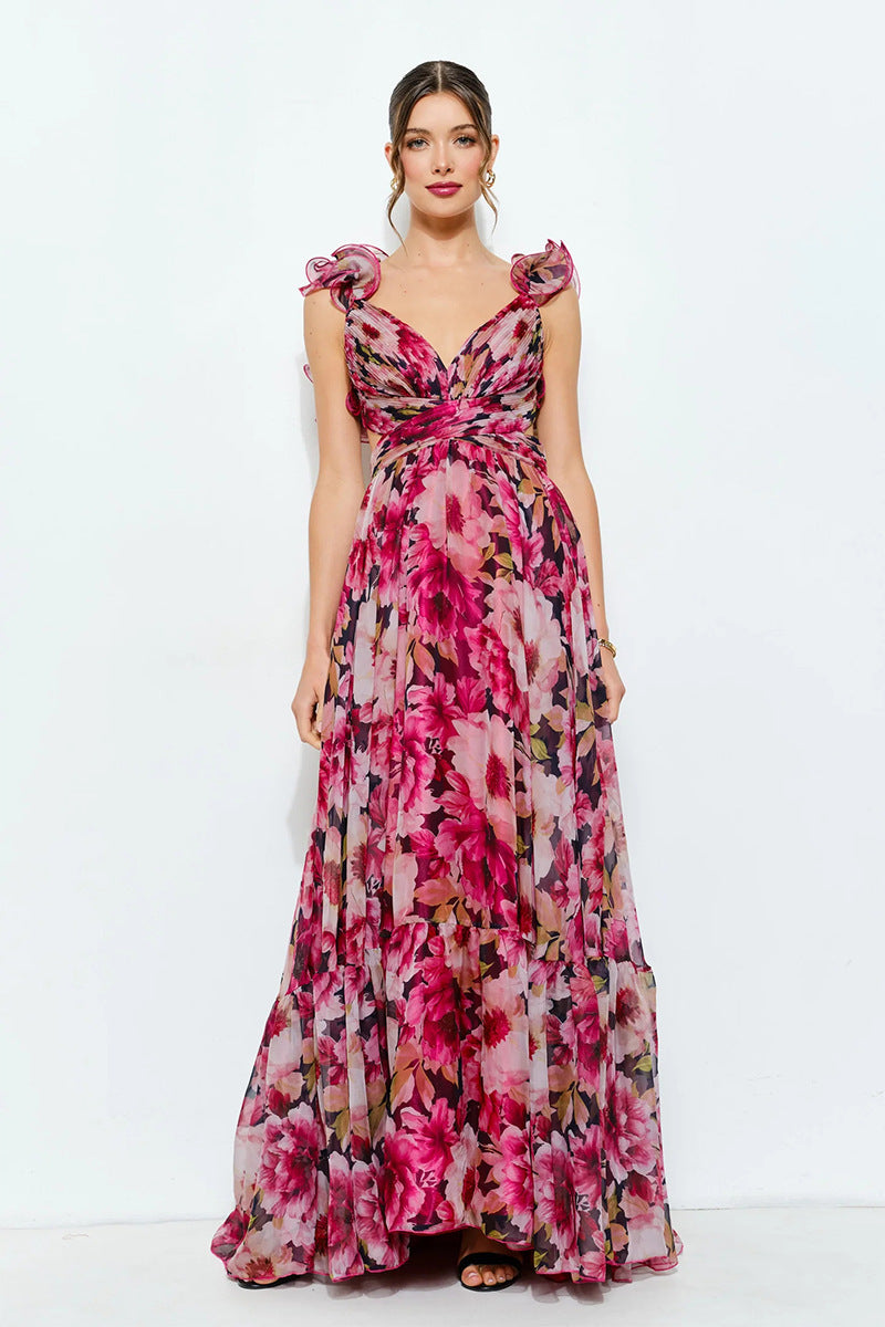 Women's maxi dress with airy ruffle details and extravagant wrap design