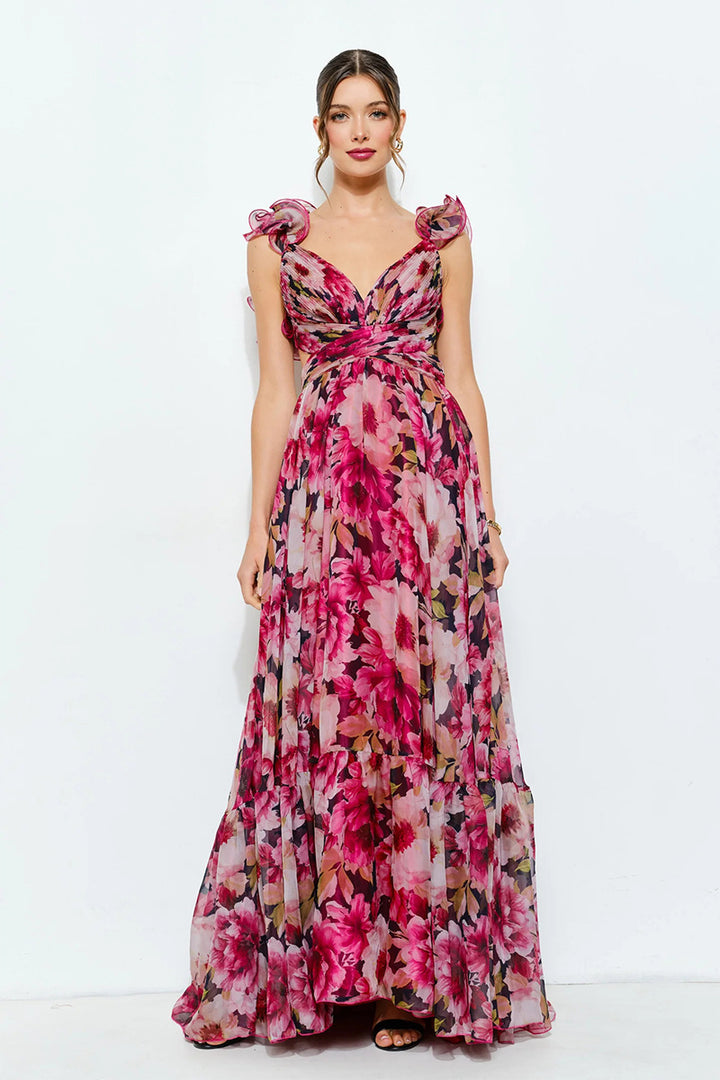 Women's maxi dress with airy ruffle details and extravagant wrap design