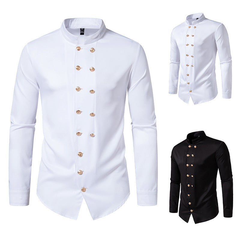 Men's Long Sleeve Shirt with Traditional Stand Collar and Decorative Buttons Lisslune