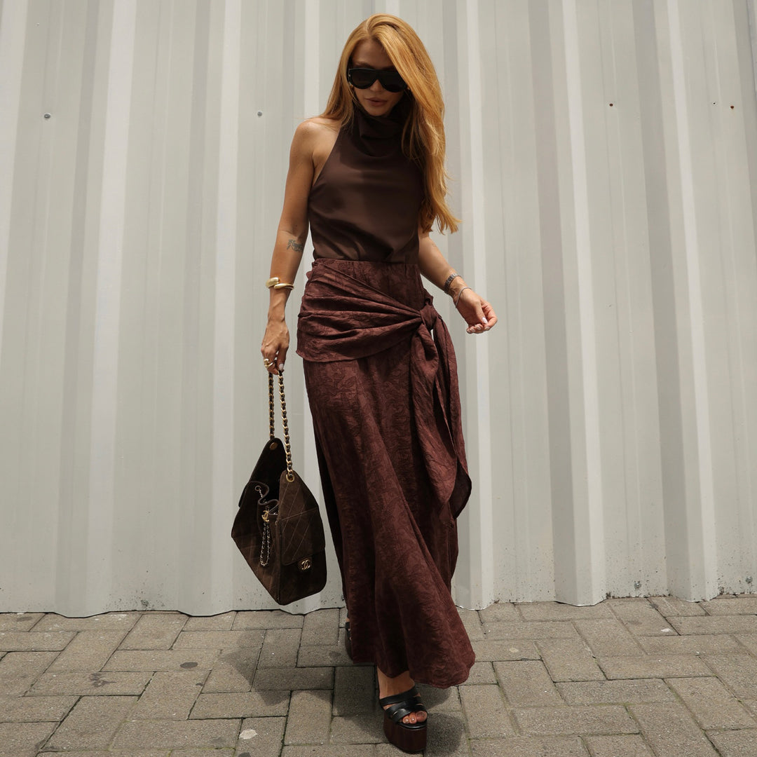 Ladies maxi skirt with sophisticated wrap design and floral accents Lisslune