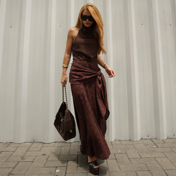 Ladies maxi skirt with sophisticated wrap design and floral accents Lisslune