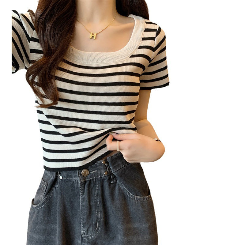 Women's cropped striped top with modern knot design and elastic hem Lisslune