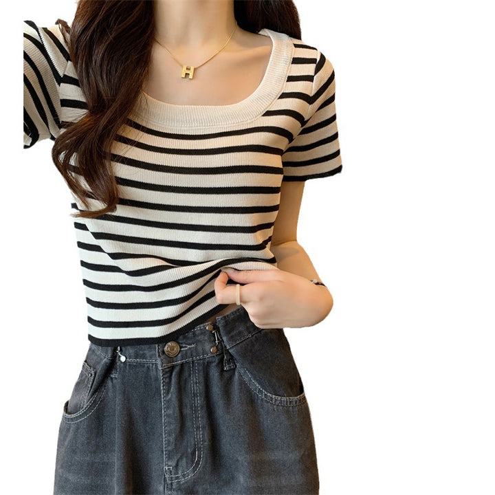 Women's cropped striped top with modern knot design and elastic hem Lisslune