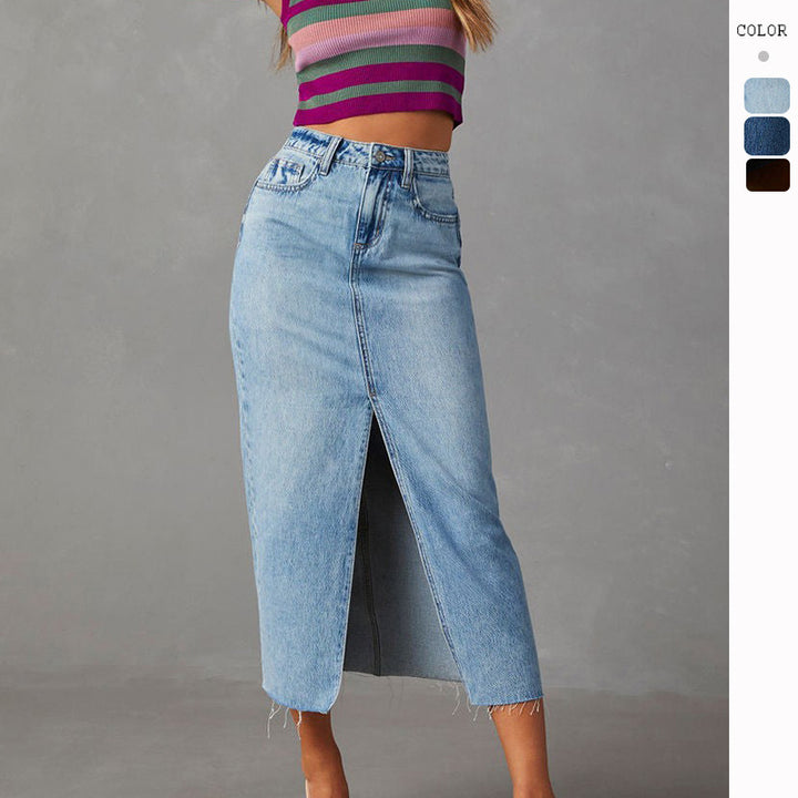 Women's high-cut denim mid skirt with side slit and frayed hems Lisslune