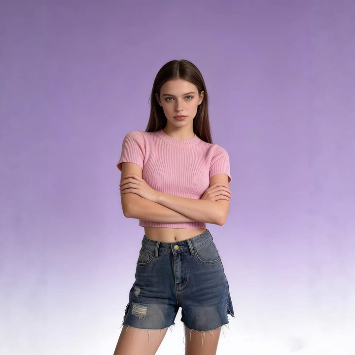 Women's casual denim shorts with frayed hems and side slit Lisslune