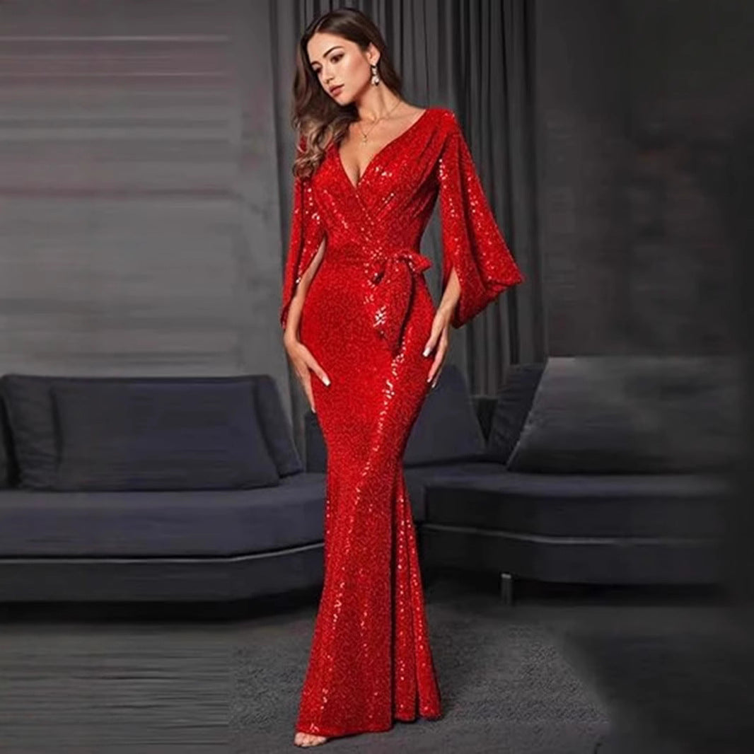 Women's Glamorous Sequin Evening Dress with Deep V-Neck and Flowing Skirt Lisslune