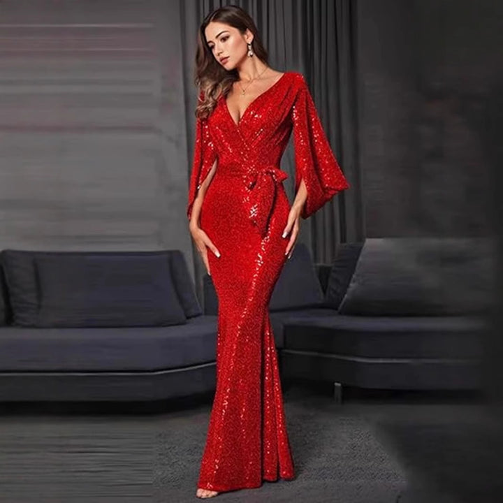 Women's Glamorous Sequin Evening Dress with Deep V-Neck and Flowing Skirt Lisslune