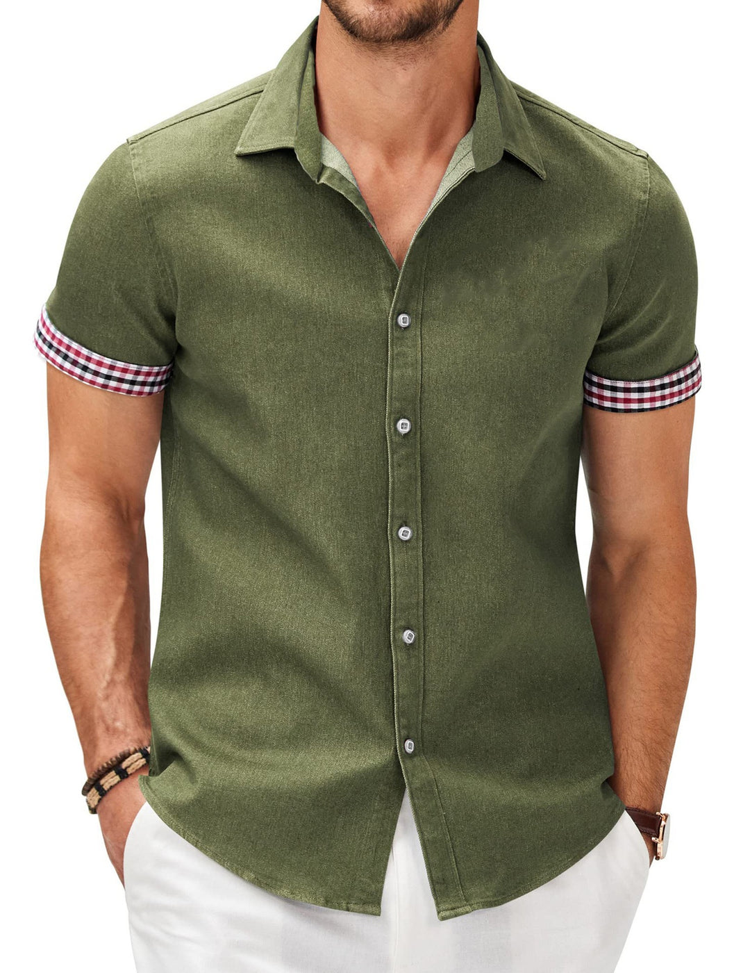 Men's short-sleeve shirt with a modern denim look and stylish checkered pattern Lisslune