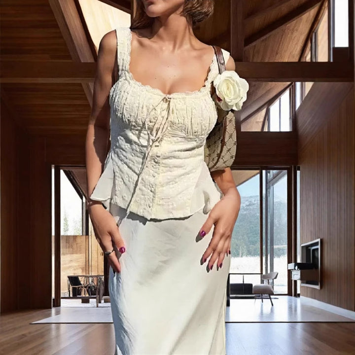 Women's elegant maxi dress with off-shoulder design and sophisticated ruffle details