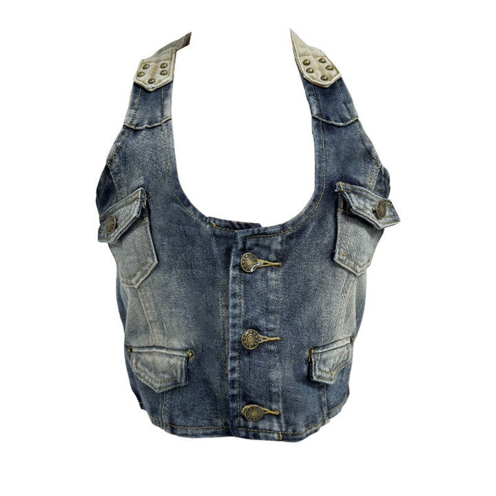Women's denim crop top with decorative button details and deep V-neck Lisslune