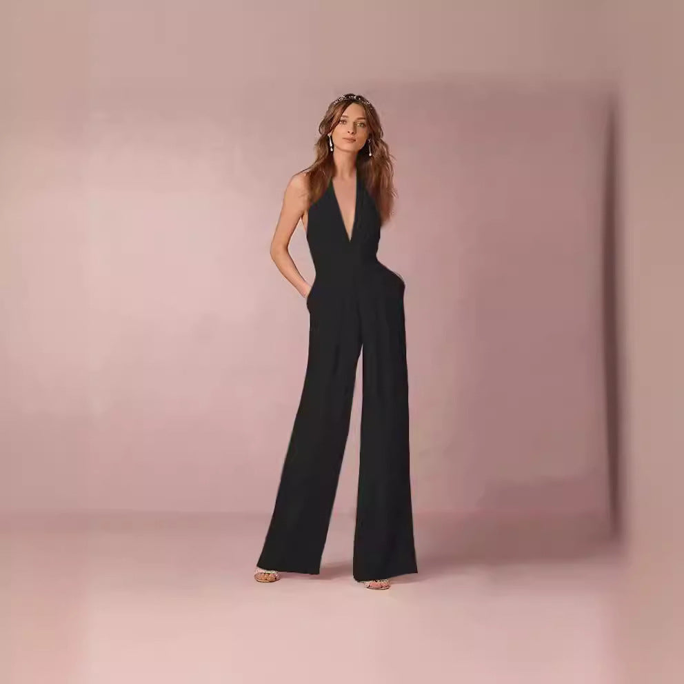 Ladies Elegant Jumpsuit with Deep V-Neck and Wide Leg Lisslune