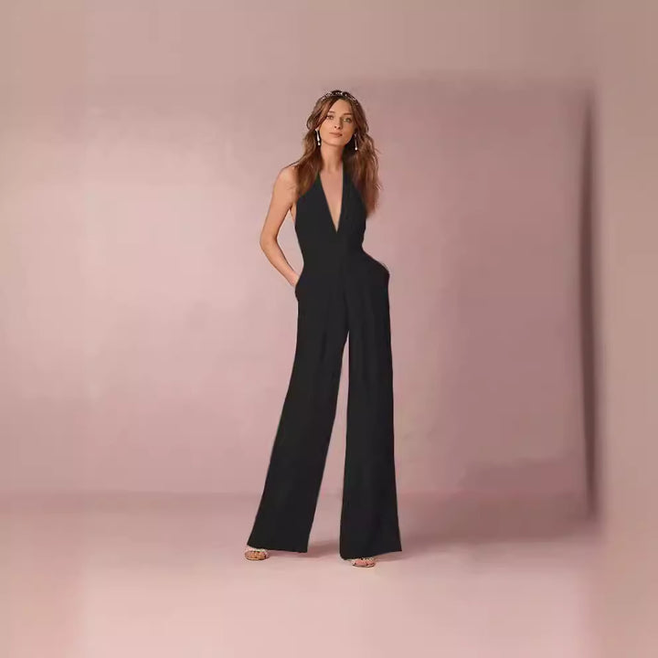 Ladies Elegant Jumpsuit with Deep V-Neck and Wide Leg Lisslune