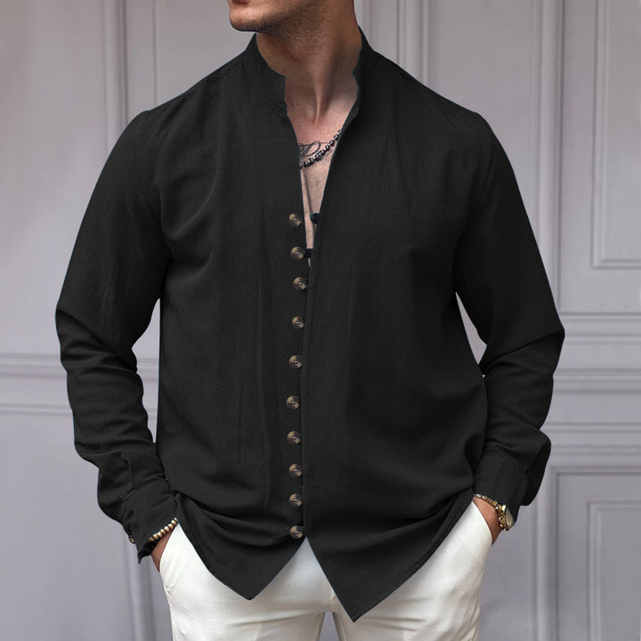 Men's long sleeve shirt with rising stand-up collar and decorative button placket Lisslune