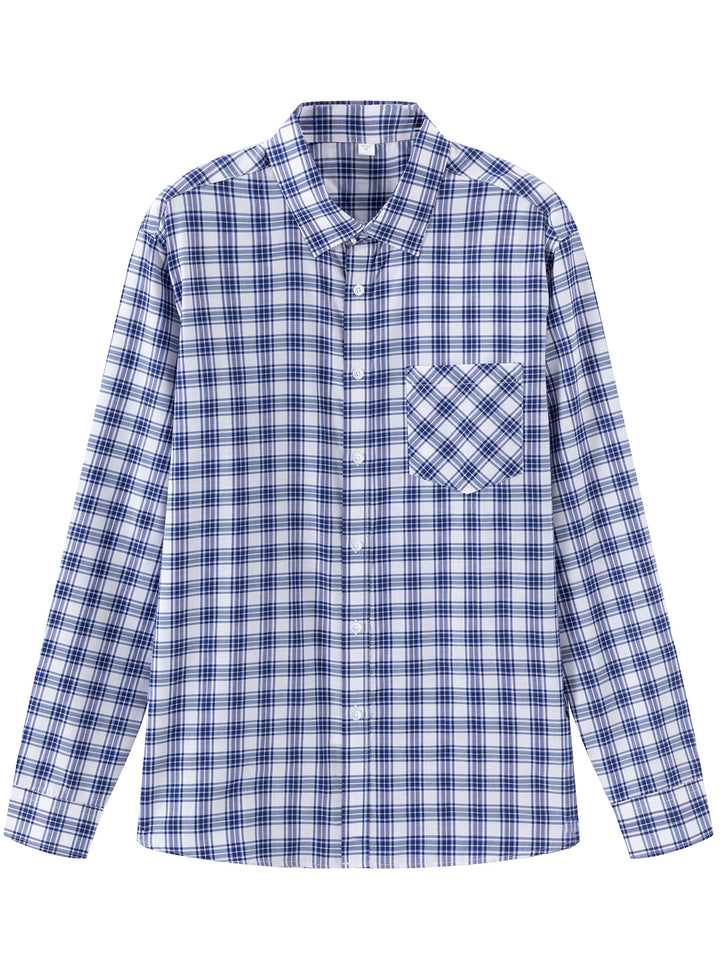 Men's Casual Checked Long Sleeve Shirt with Chest Pocket Lisslune