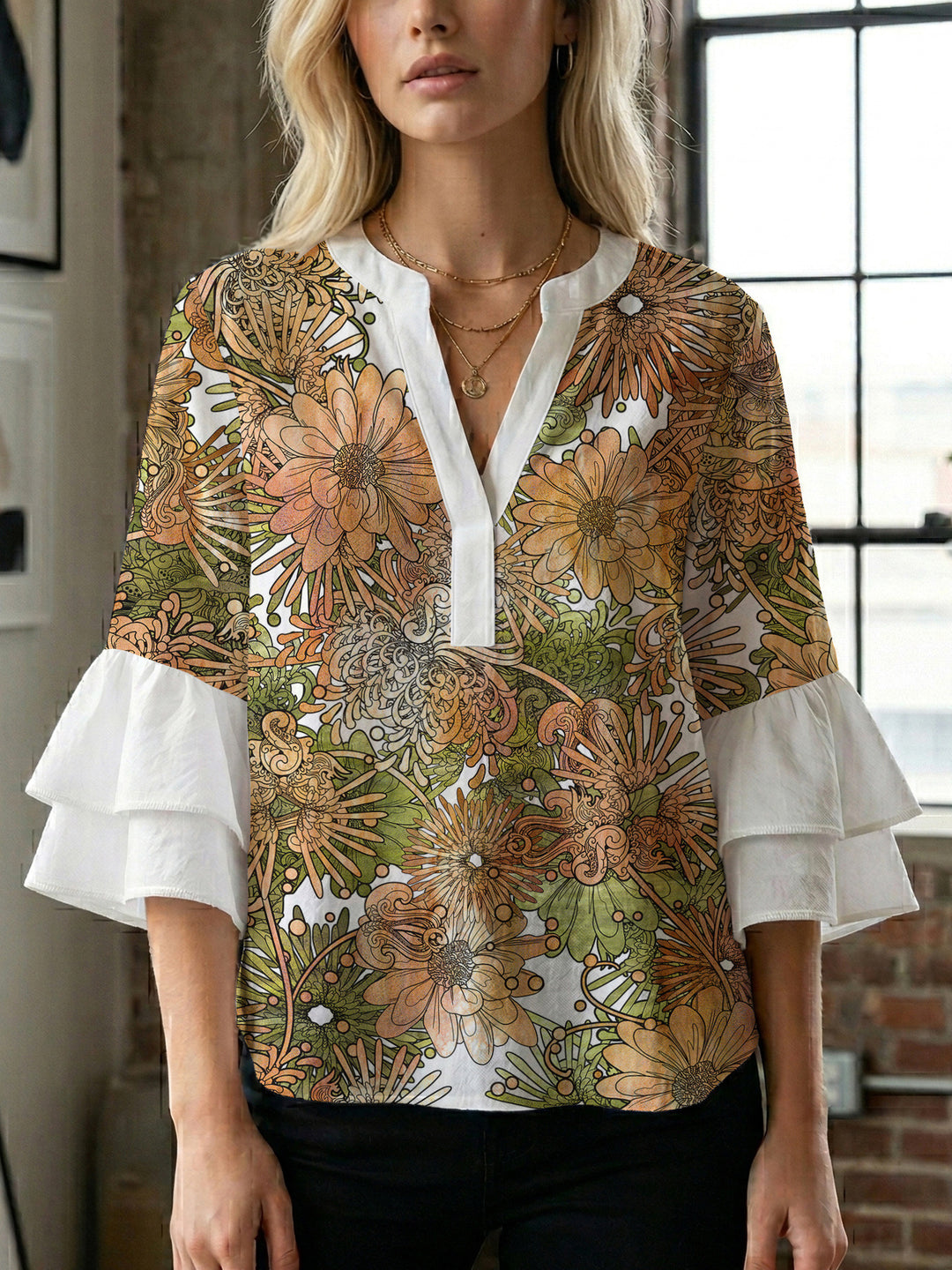 Women's blouse with voluminous ruffle sleeves and creative floral design Lisslune