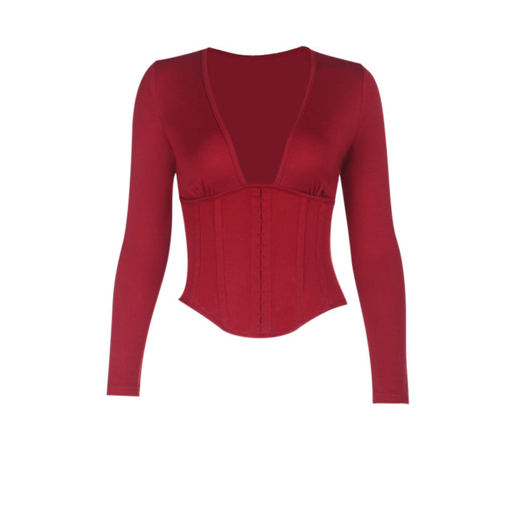 Ladies' bodysuit with deep V-neckline and ribbed design Lune London