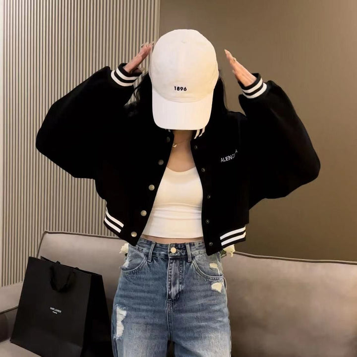 Women's casual cropped bomber jacket with contrasting stripes and snap buttons Lisslune
